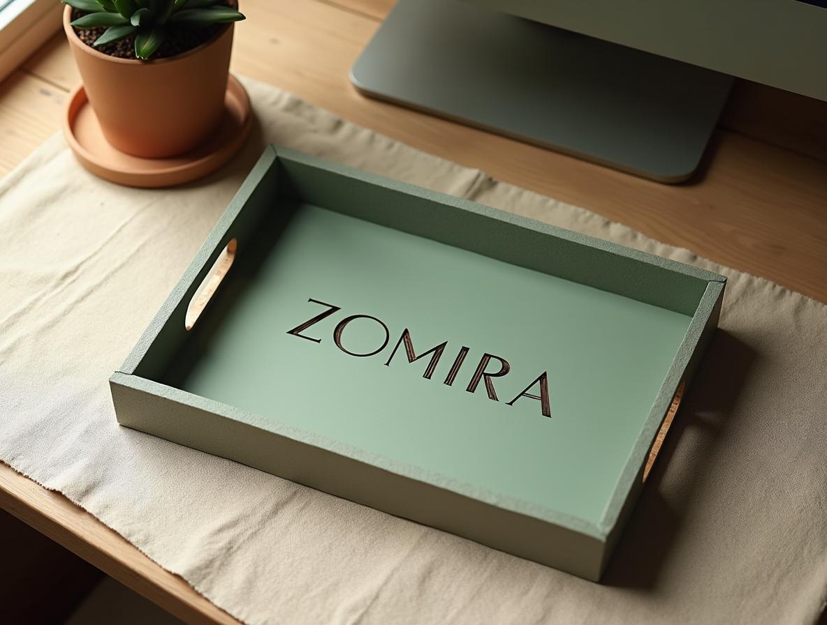 Organizador de escritorio de corcho verde salvia con grabado láser sobre mesa de recepción con mantel de lino