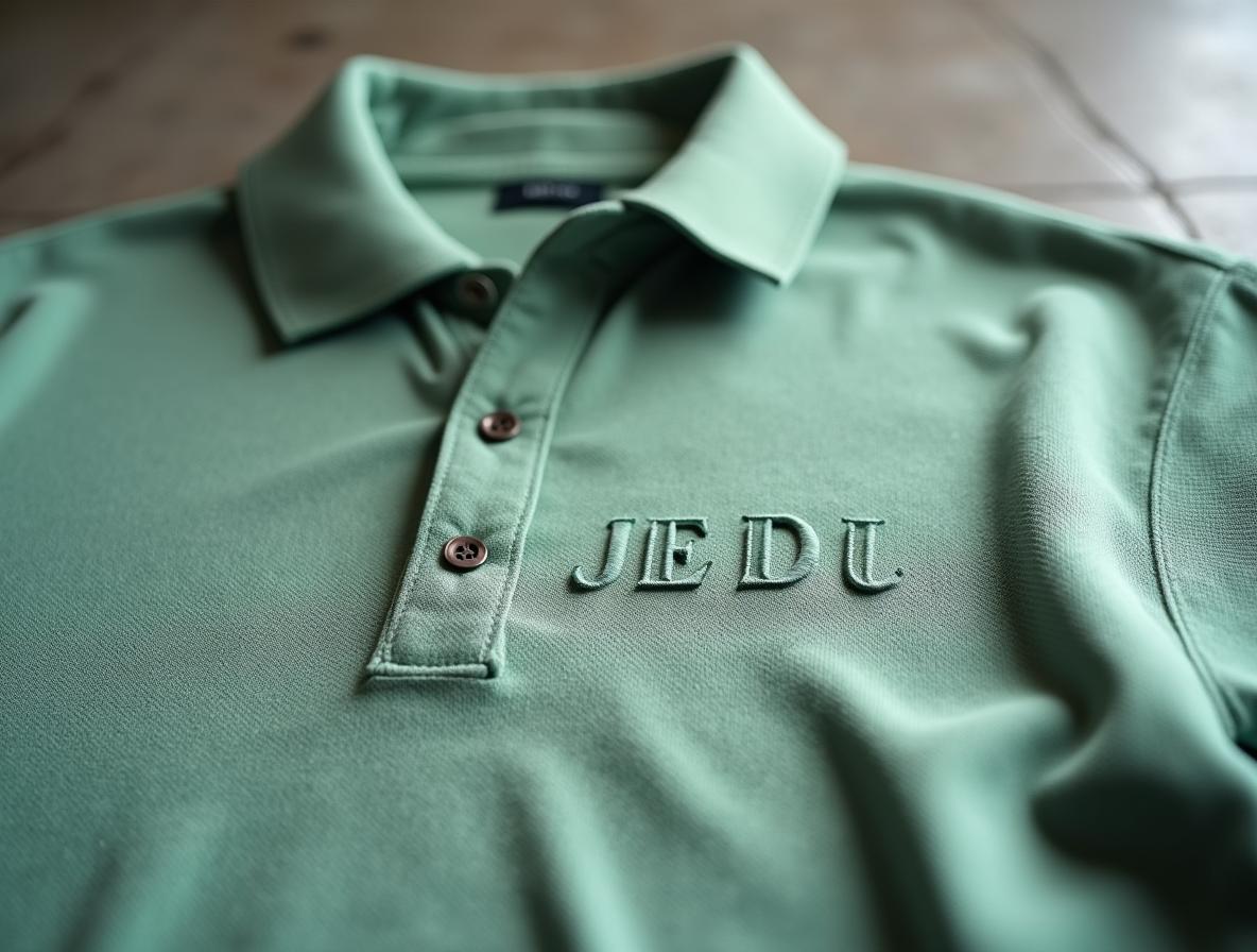 Bordado o serigrafía en uniformes: detalle de logo bordado en el pecho de un polo de punto piqué verde salvia