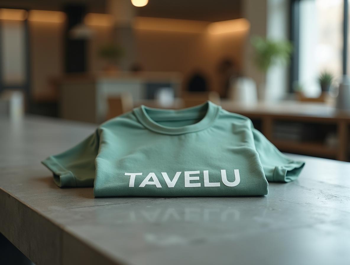 Camiseta de algodón verde salvia doblada con serigrafía en ropa corporativa sobre una superficie de hormigón pulido