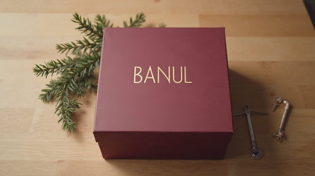 cajas de regalo navideñas para empresas: caja automontable burdeos de cartón sobre mesa de roble