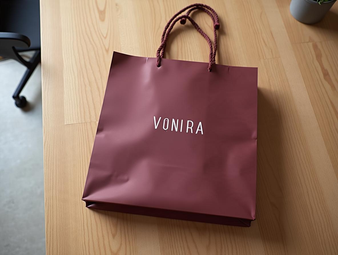 Bolsa de papel burdeos con asas rizadas extendida sobre una mesa de roble en una recepción de oficina