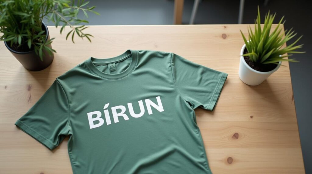 Camisetas personalizadas para empresas: camiseta de algodón verde salvia con logo serigrafiado sobre mesa de roble