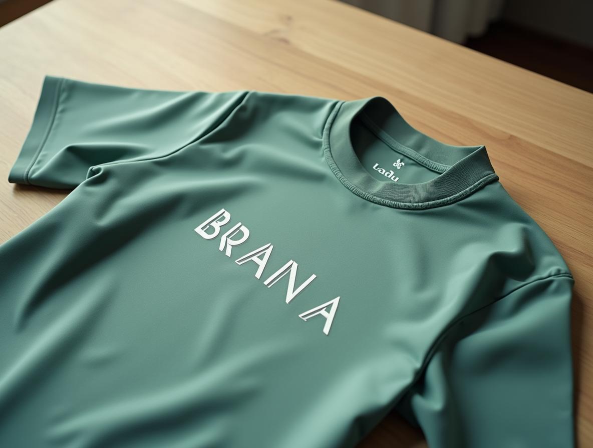 Camisetas personalizadas para empresas: detalle de estampación en blanco sobre camiseta técnica verde salvia