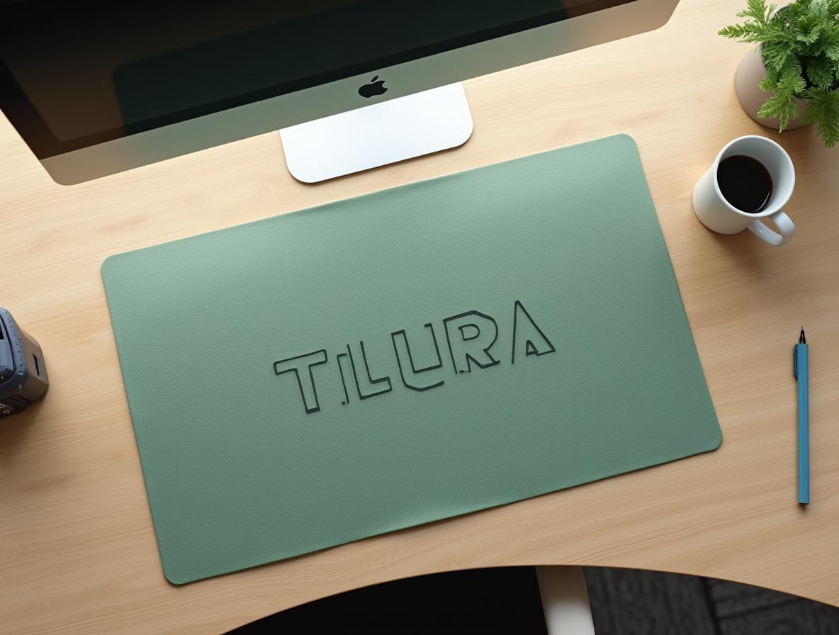 Alfombrilla de fieltro verde salvia con logo estampado sobre un escritorio de roble claro con taza lisa y planta