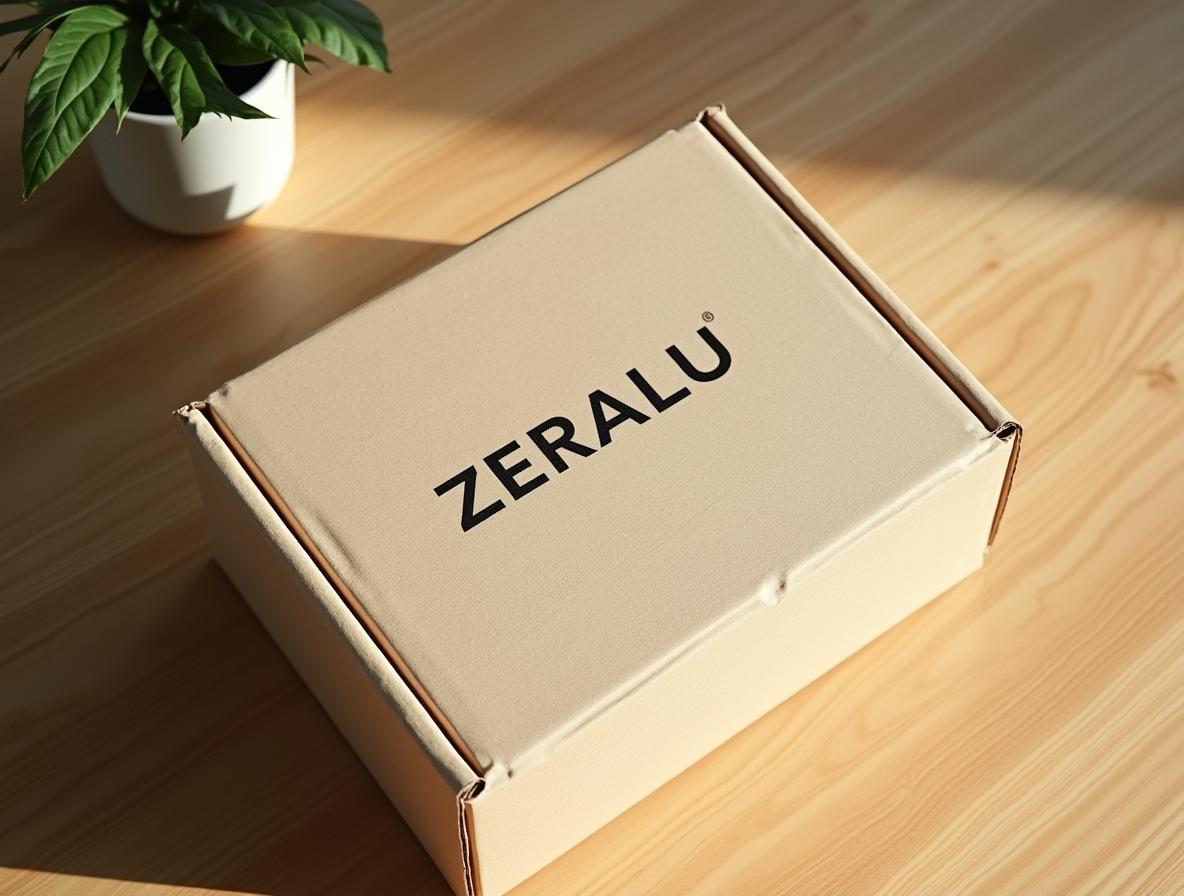 Caja de cartón kraft crudo cerrada sobre un escritorio de roble claro en una oficina, con marcaje serigrafiado