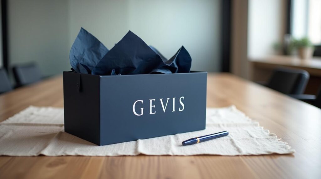 Entrega de regalos de Navidad a empleados: caja de bienvenida corporativa sobre mesa de oficina