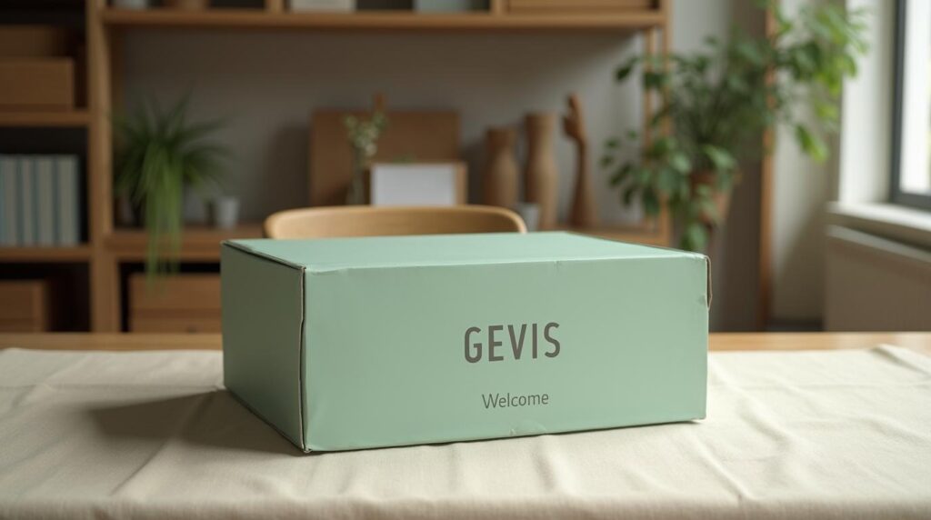envío automático de kits de bienvenida: caja de bienvenida de cartón verde salvia sobre mantel de lino en oficina