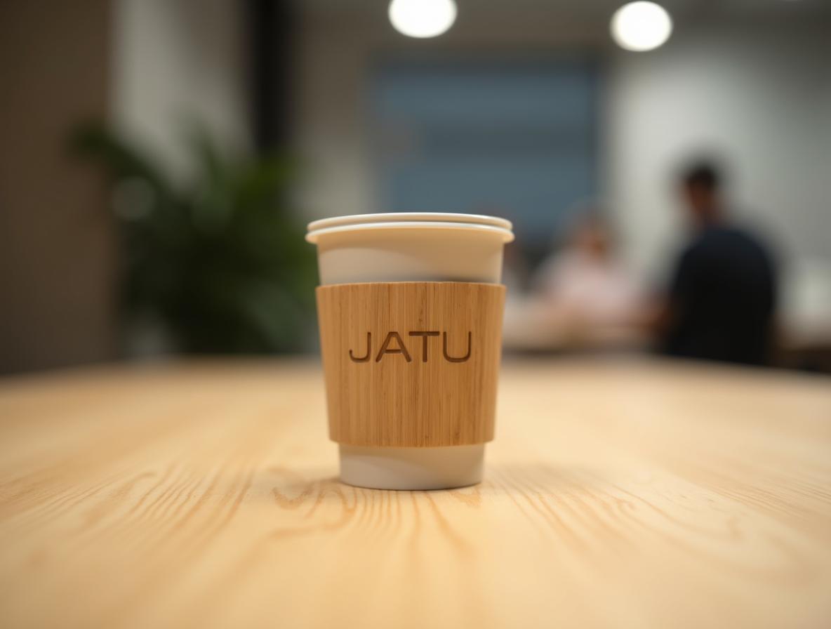 Greenwashing en regalos corporativos: grabado láser en taza de bambú natural, detalle del material