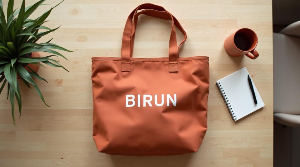 Kit de onboarding para equipos remotos: bolsa de tela terracota con wordmark en palo seco sobre mesa de roble