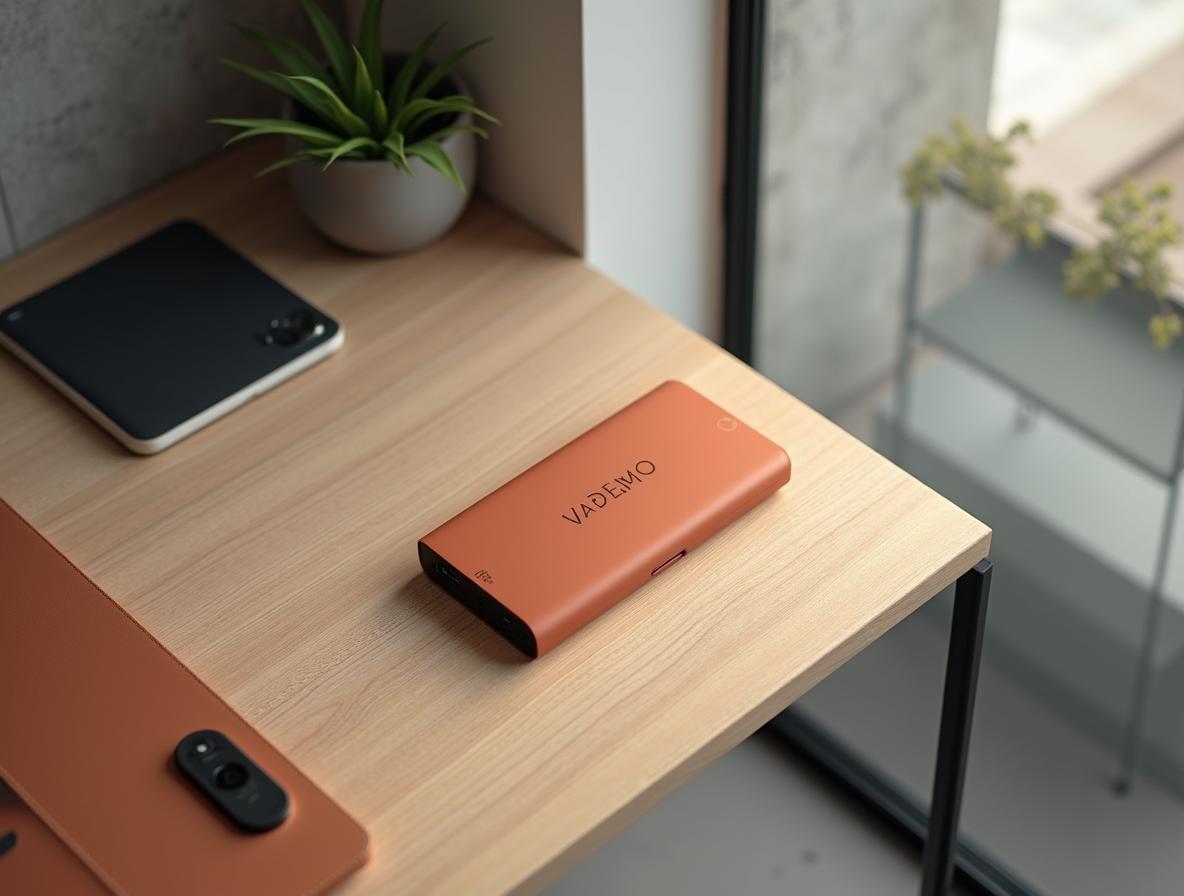 Power bank terracota con wordmark en palo seco sobre escritorio de oficina moderna