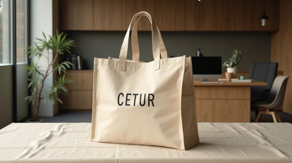 merchandising alineado con los ODS: tote bag de algodón orgánico crudo con serigrafía al agua sobre mantel de lino
