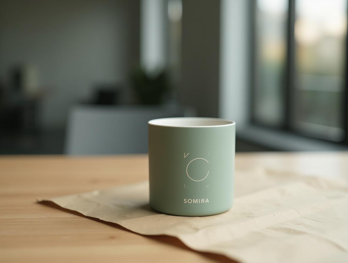 Taza de bambú verde salvia con serigrafía al agua sobre una mesa de madera clara en una oficina