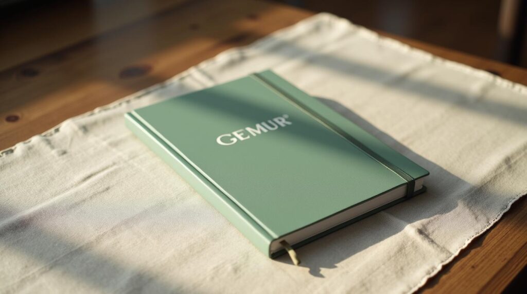 Merchandising para campañas de captación: libreta de tapa dura verde salvia sobre mantel de lino
