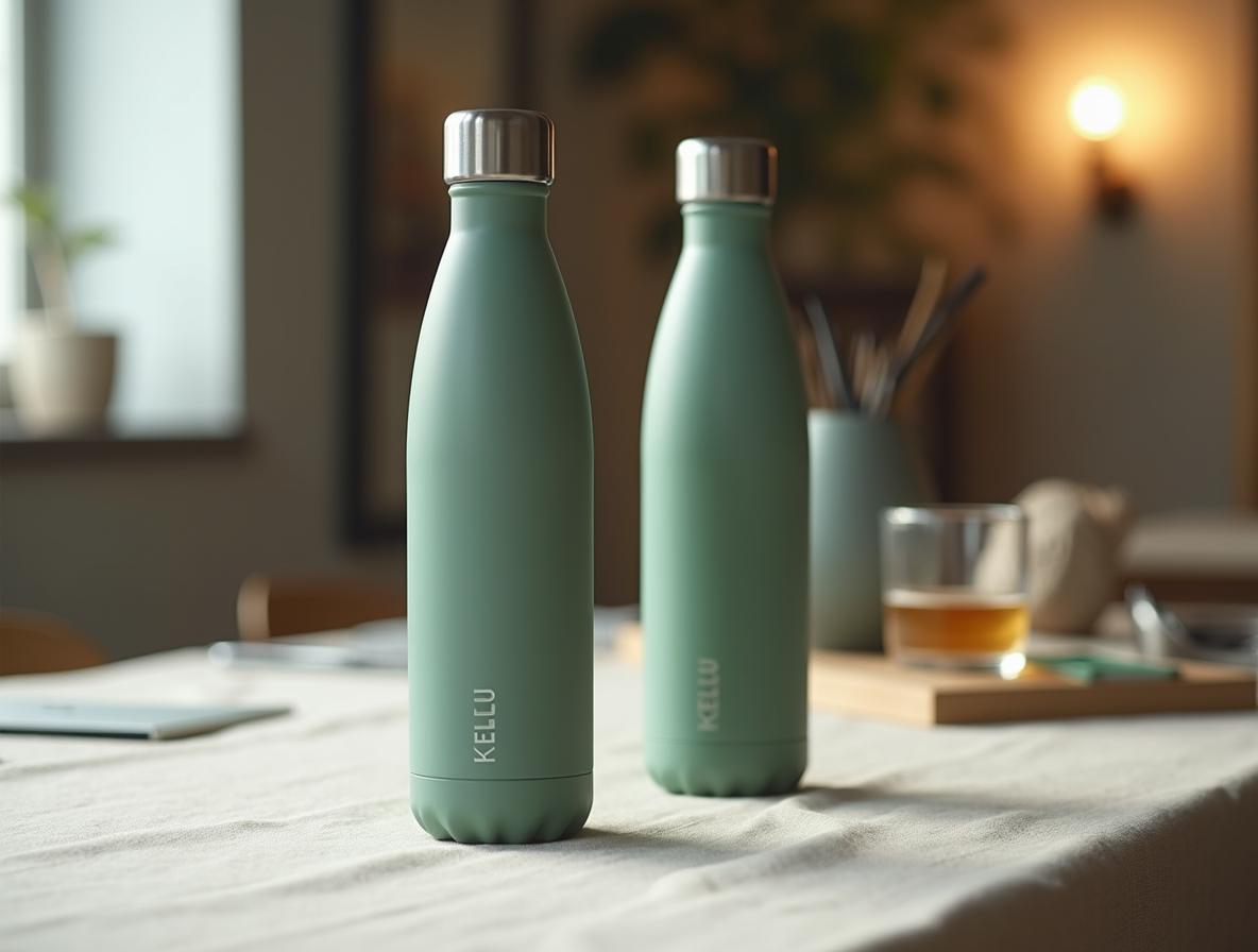 Merchandising para campañas de captación: grabado láser en botella de acero inoxidable verde salvia