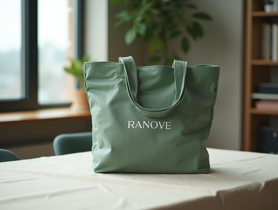 Tote bag de algodón verde salvia doblada sobre un mantel de lino en una mesa de oficina