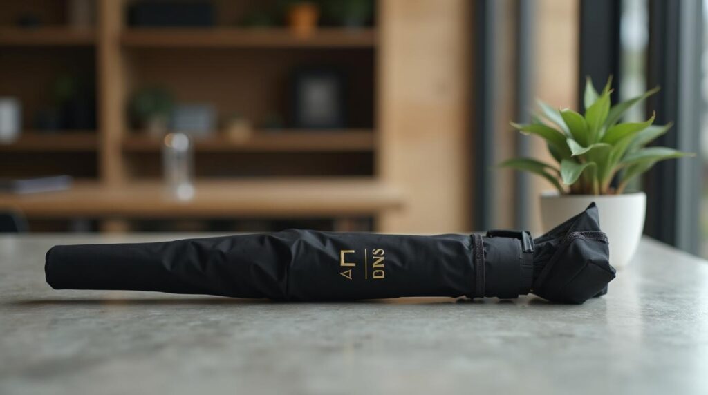 merchandising para empresas con varias sedes: paraguas plegable negro mate con marcaje en oro sobre hormigón