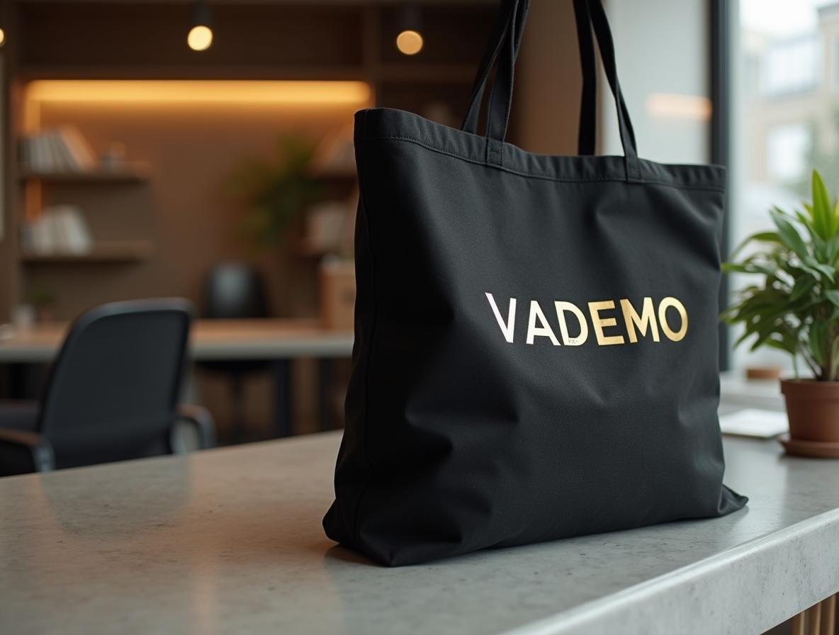 Tote bag de lona de algodón negra doblada sobre un mostrador de hormigón en una oficina, con nombre en foil dorado