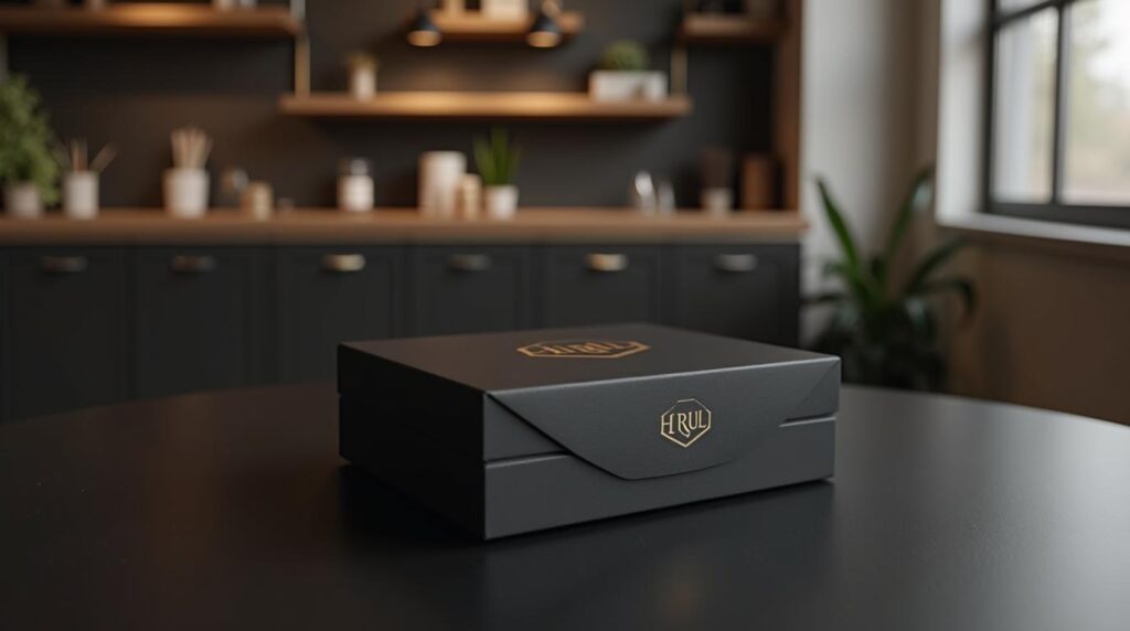 Pack corporativo para ferias de empleo: caja de bienvenida rígida negra mate con detalle en foil dorado