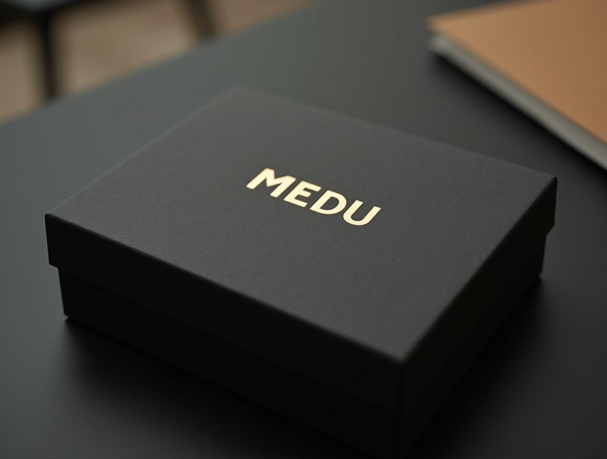Pack corporativo para ferias de empleo: detalle de foil dorado sobre tapa de caja rígida de cartón negro mate
