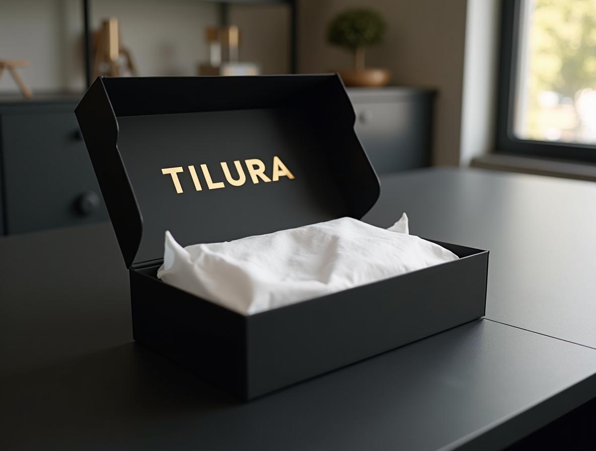 Caja de bienvenida de cartón rígido negro mate entreabierta con papel de seda sobre un mostrador de recepción