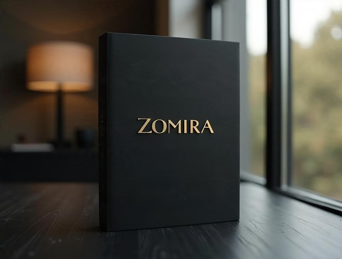 Agenda de tapa dura negra mate con marcaje en foil dorado sobre un escritorio de oficina