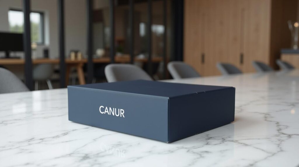 pack de Navidad para empresas: caja de bienvenida azul marino de cartón rígido sobre mesa de mármol blanco