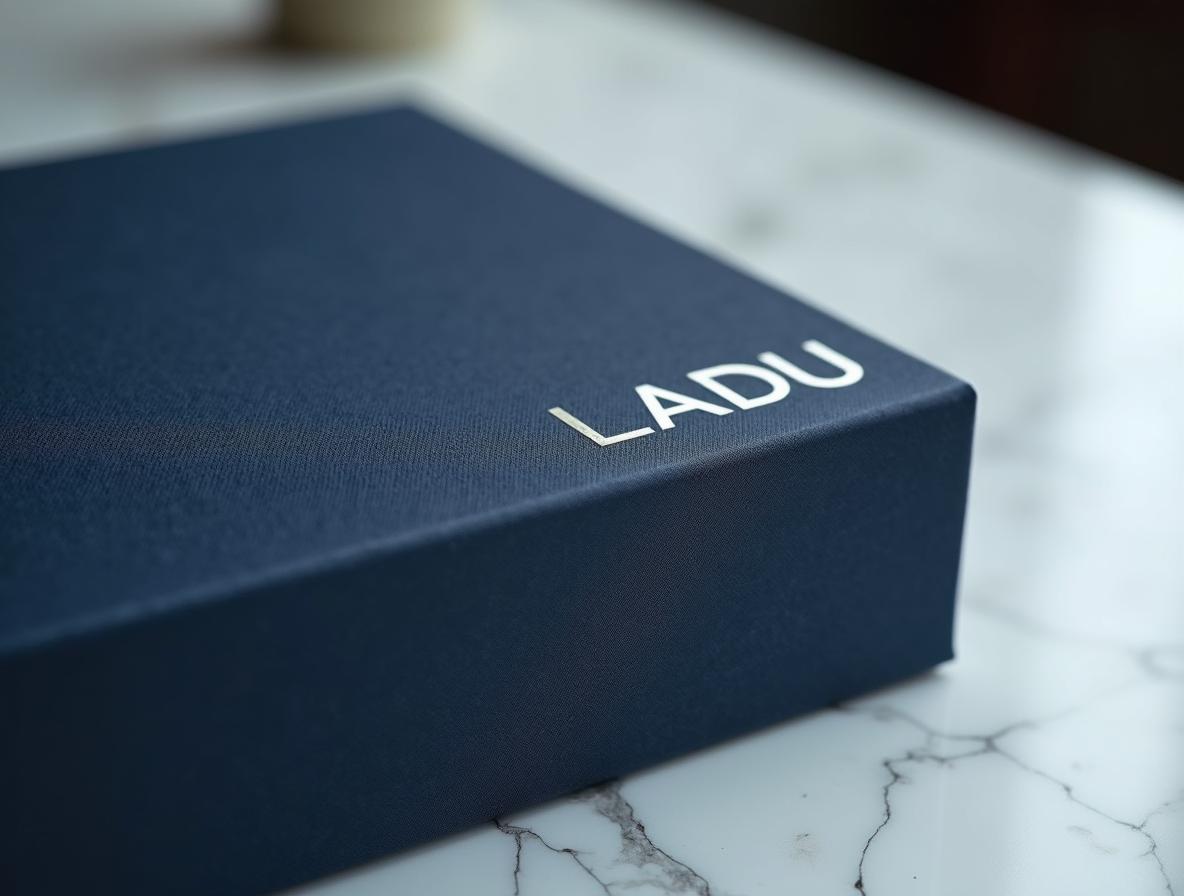 pack de Navidad para empresas: detalle de estampado en foil sobre caja rígida azul marino de papel efecto lino