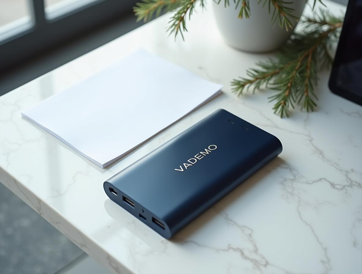 Power bank de aluminio azul marino con grabado láser sobre una mesa de mármol en una recepción de oficina