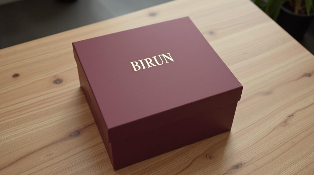 packaging para campañas estacionales: estuche rígido burdeos sobre mesa de roble claro visto desde arriba