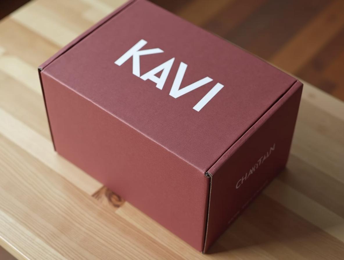 packaging para campañas estacionales: detalle de serigrafía en tapa de caja de envío de cartón ondulado burdeos