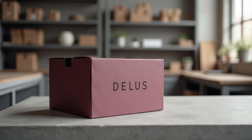 Packaging para e-commerce: caja de envío automontable de cartón kraft en burdeos apagado con wordmark impreso