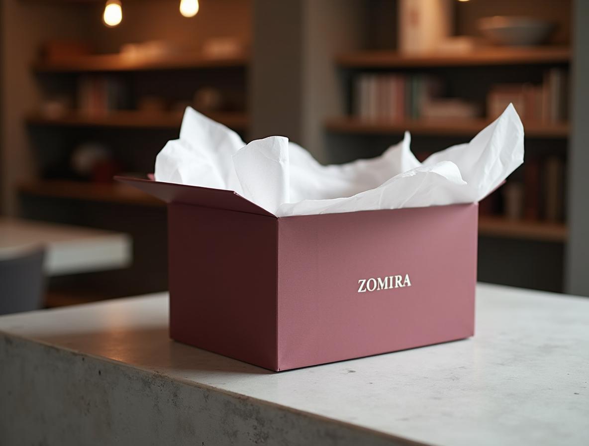 Caja de envío e-commerce entreabierta sobre mostrador de tienda con papel de seda liso en el interior
