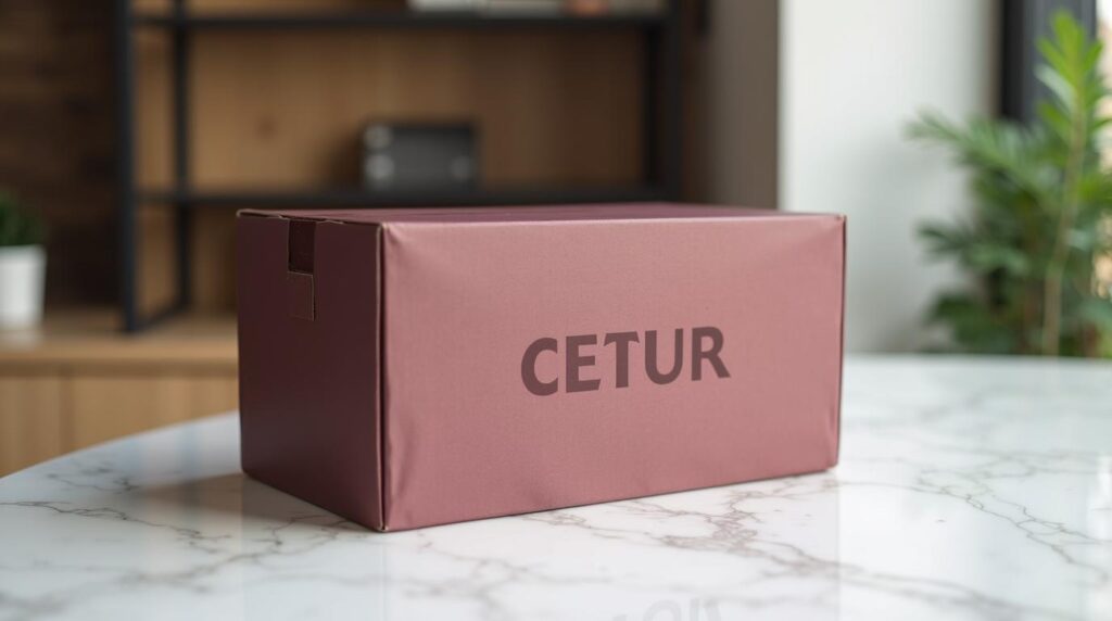 Packaging para envío de regalos corporativos: caja de envío de cartón ondulado burdeos sobre mesa de mármol blanco