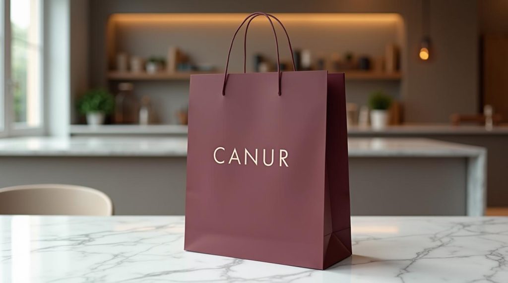 Packaging para tiendas de retail: bolsa de papel burdeos con asas planas sobre una mesa de mármol blanco