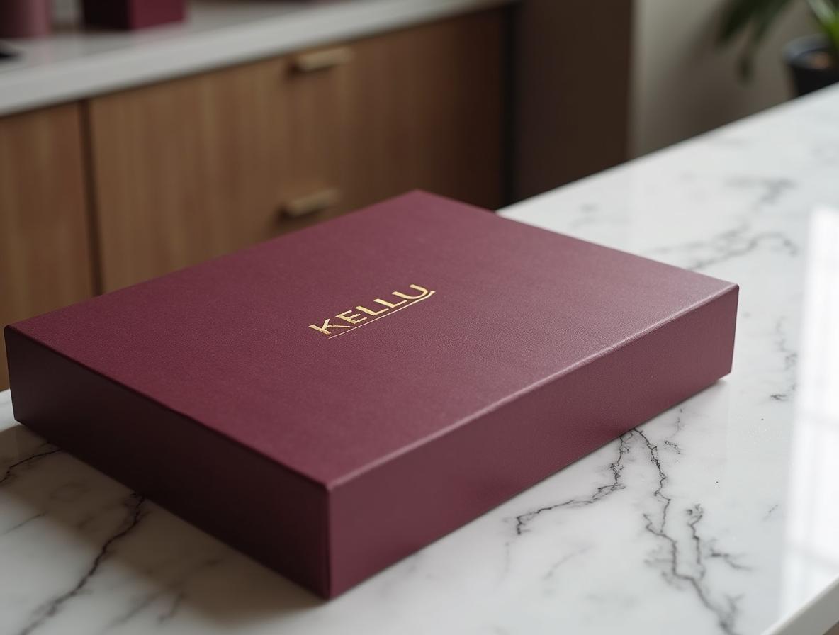 Packaging para tiendas de retail: detalle de estampado en foil sobre la tapa de una caja rígida de papel burdeos