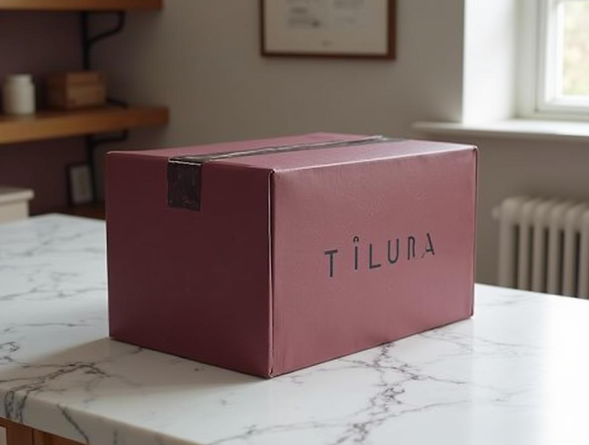 Caja de cartón ondulado burdeos con serigrafía sobre el mostrador de una tienda, packaging de retail con la marca del comercio