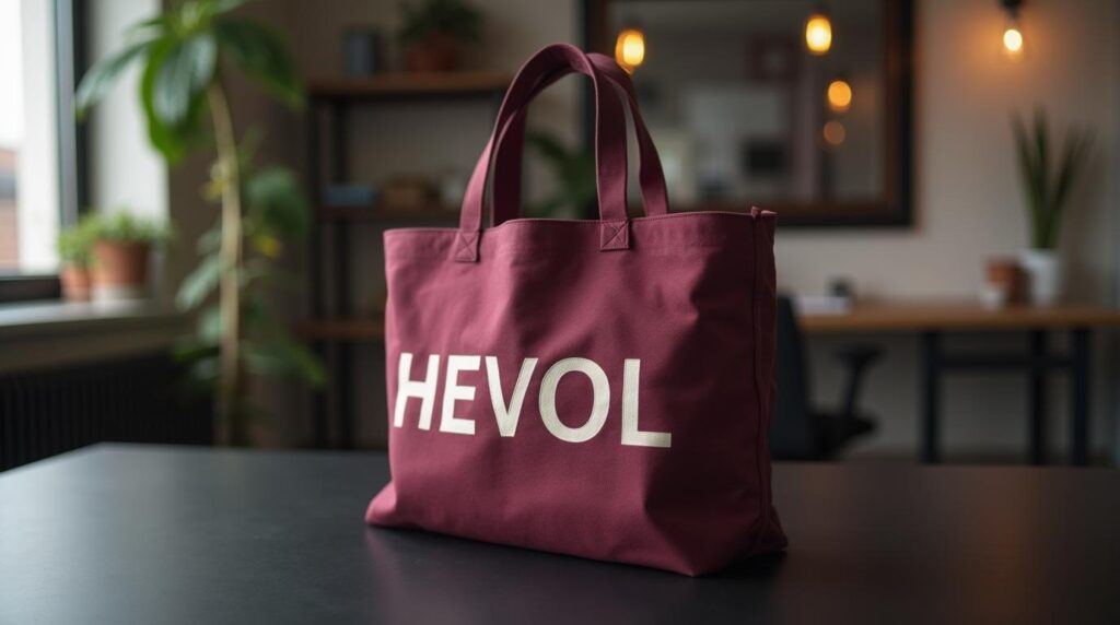 Plataforma de merchandising para empresas: tote bag de algodón granate con serigrafía sobre mesa negra