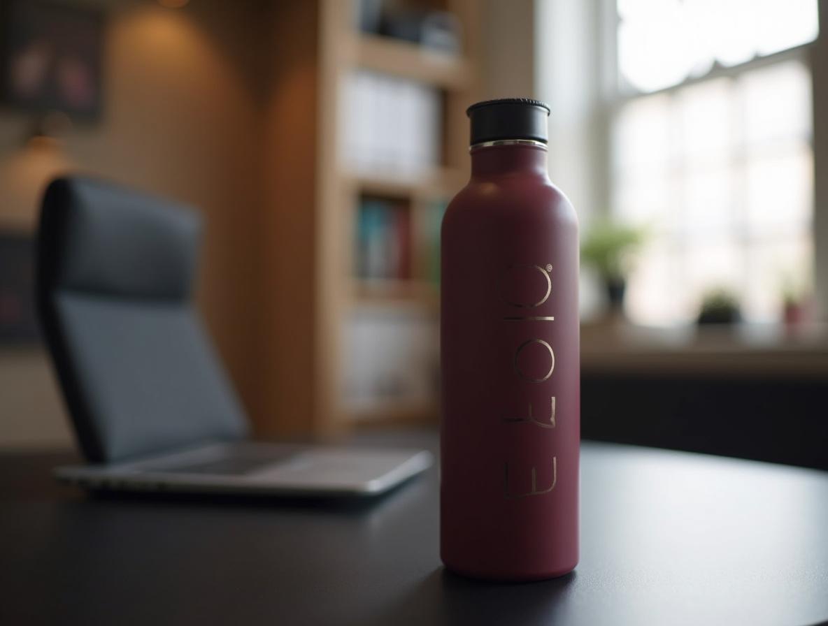 Plataforma de merchandising para empresas: grabado láser en botella de acero inoxidable granate