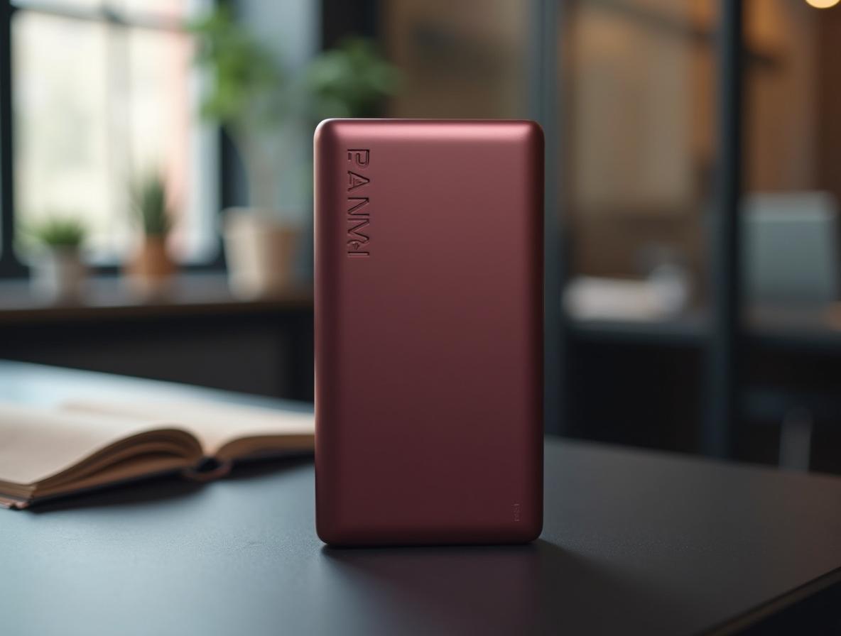 Power bank de aluminio granate con grabado láser sobre un escritorio de oficina de color negro mate