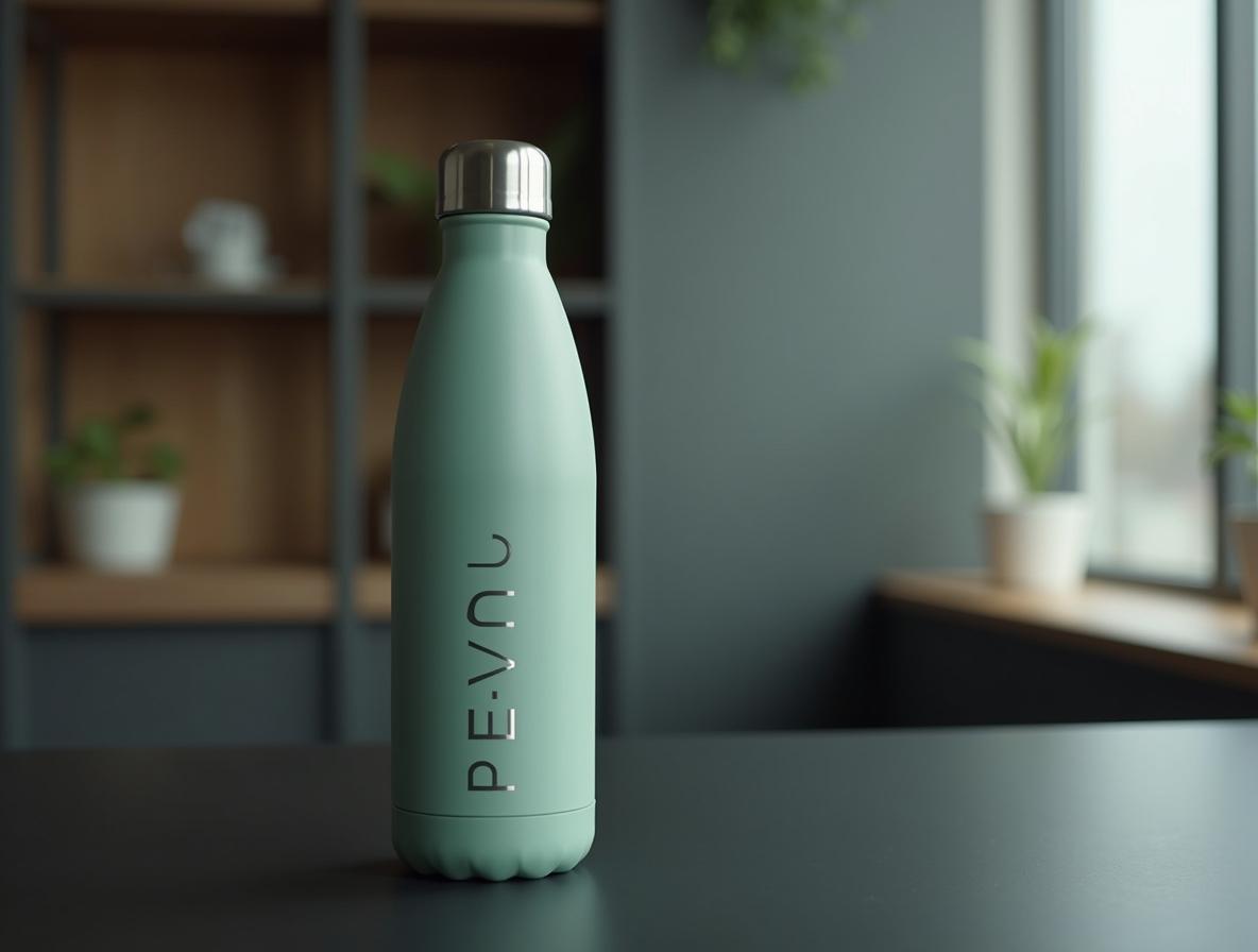 Precio de packs de regalo corporativos: grabado láser en botella de acero verde salvia sobre mesa negra