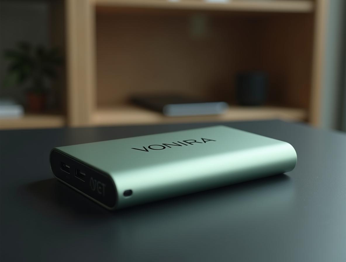 Power bank de aluminio verde salvia con logotipo sobre un escritorio, producto tecnológico habitual en un pack de regalo corporativo premium