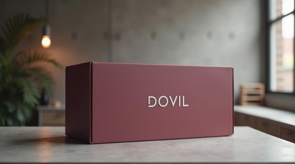 Precio del packaging corporativo: caja automontable de cartón color burdeos sobre hormigón pulido en una oficina