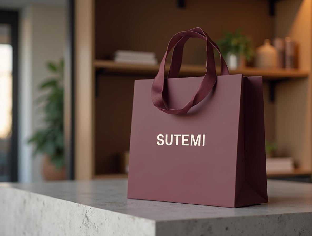Bolsa de papel burdeos con asas de cinta en una recepción: los acabados premium elevan el precio del packaging corporativo