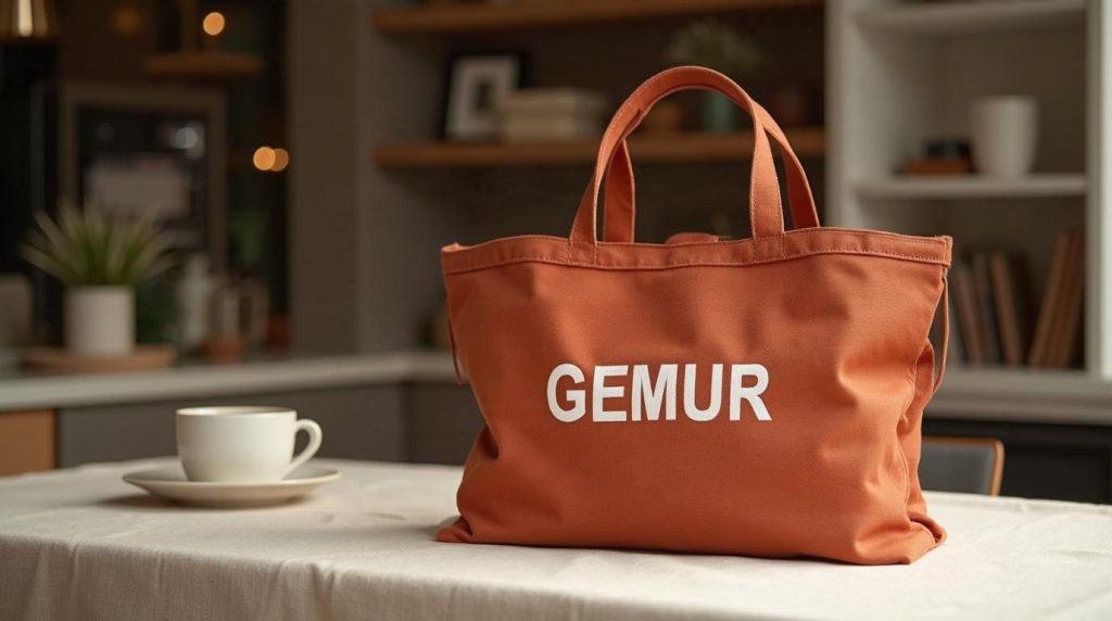 Regalos corporativos para el sector retail: bolsa de algodón terracota sobre mantel de lino en un mostrador