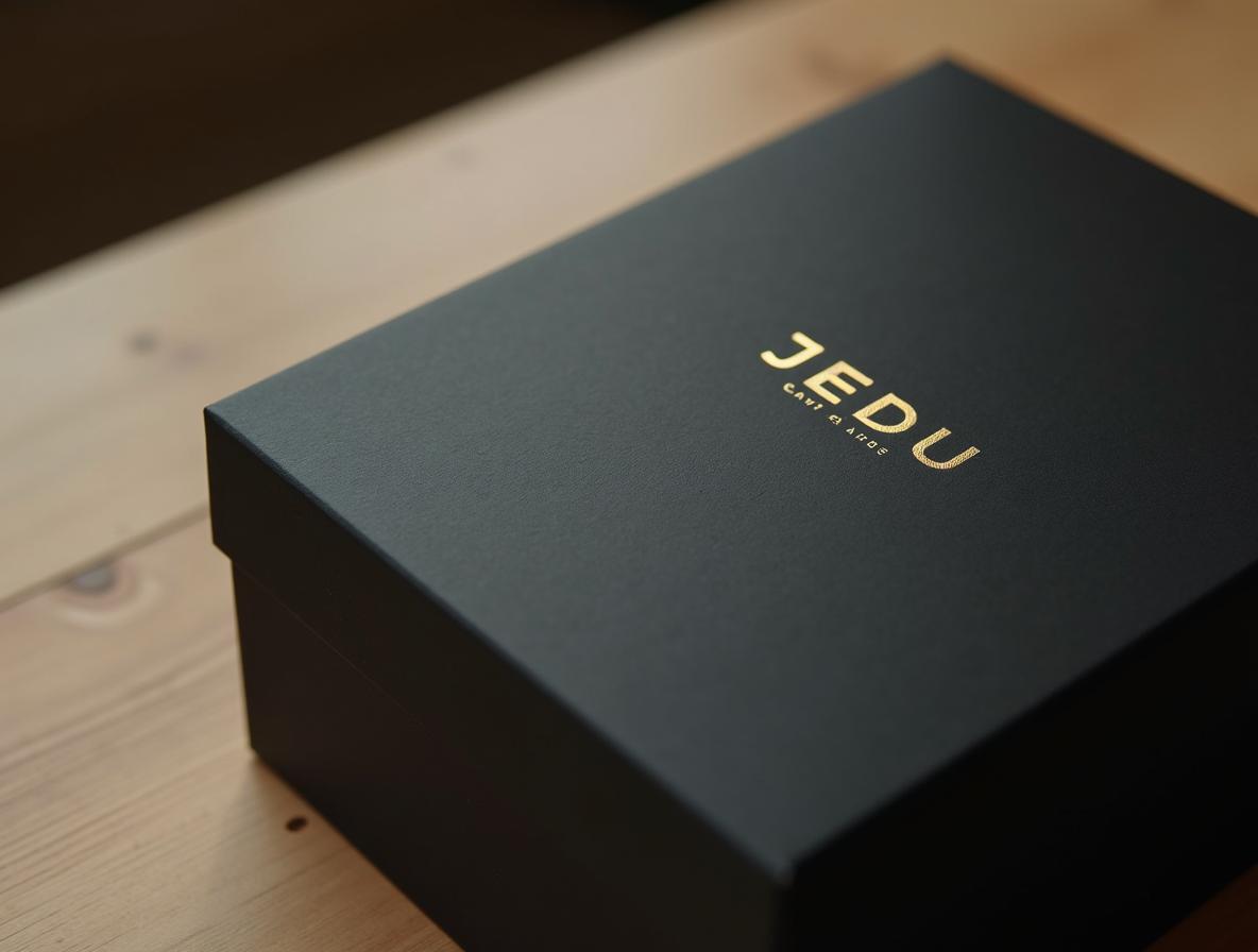regalos de Navidad para directivos: detalle de estampado en foil dorado sobre tapa de estuche de cartón rígido negro