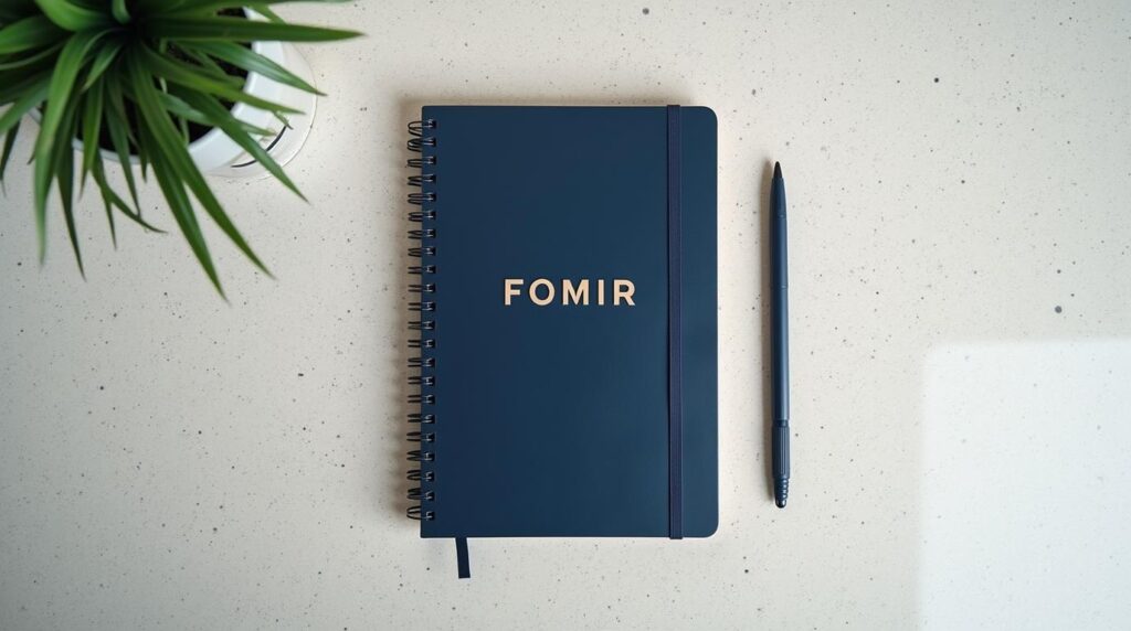 regalos de Navidad por perfil de empleado: libreta de tapa dura azul marino sobre terrazo claro