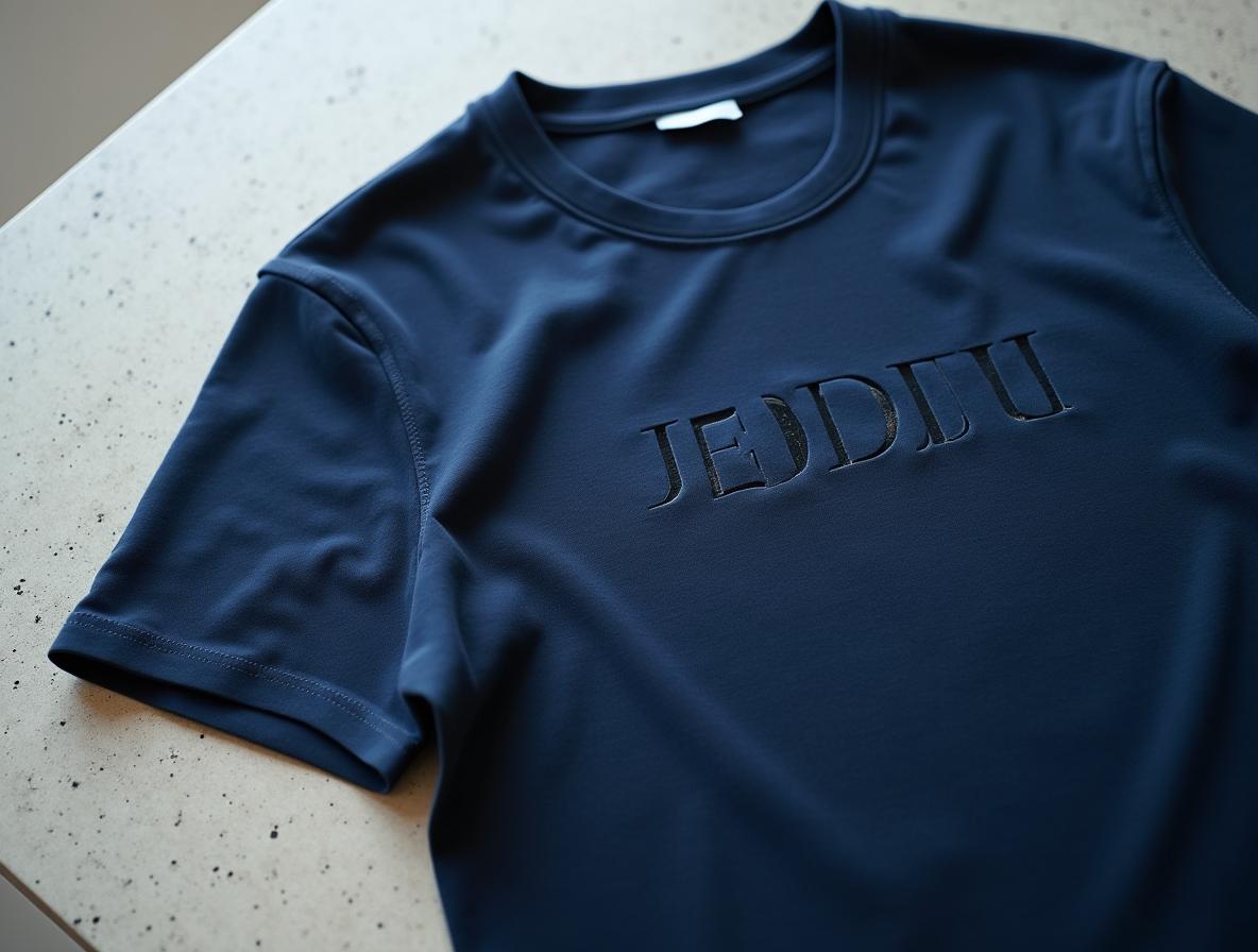regalos de Navidad por perfil de empleado: detalle de bordado en el pecho de una camiseta de algodón azul marino