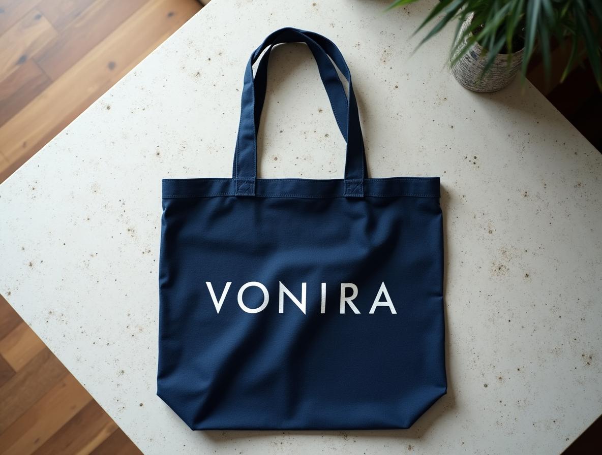 Tote bag de algodón azul marino doblada sobre una superficie de terrazo en una oficina, con logotipo serigrafiado