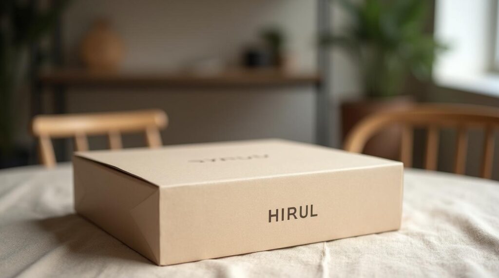 Regalos de Navidad sostenibles para empresas: caja de cartón kraft con serigrafía al agua sobre mantel de lino