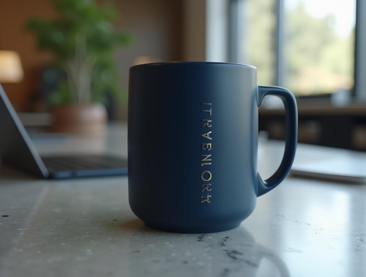 Taza de cerámica azul marino con logotipo serigrafiado sobre un escritorio de hormigón pulido en una oficina